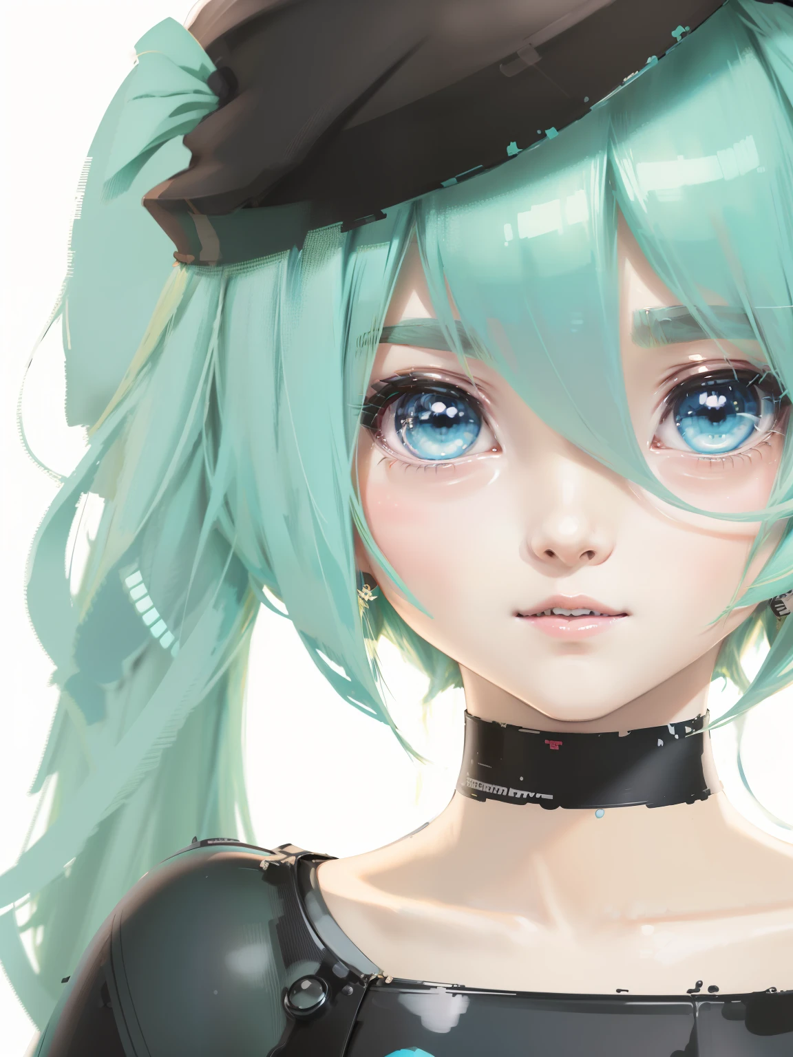 wear a hat、There is a painting of a woman with green hair., hatsune miku portrait, Hatsune Miku portrait, Created at Anime Artist Studio, Drawn at Anime Painter Studio, 2D anime style, anime style portrait, mikudayo, anime girl portrait, anime portrait, flat anime style shading, teal hair anime girl