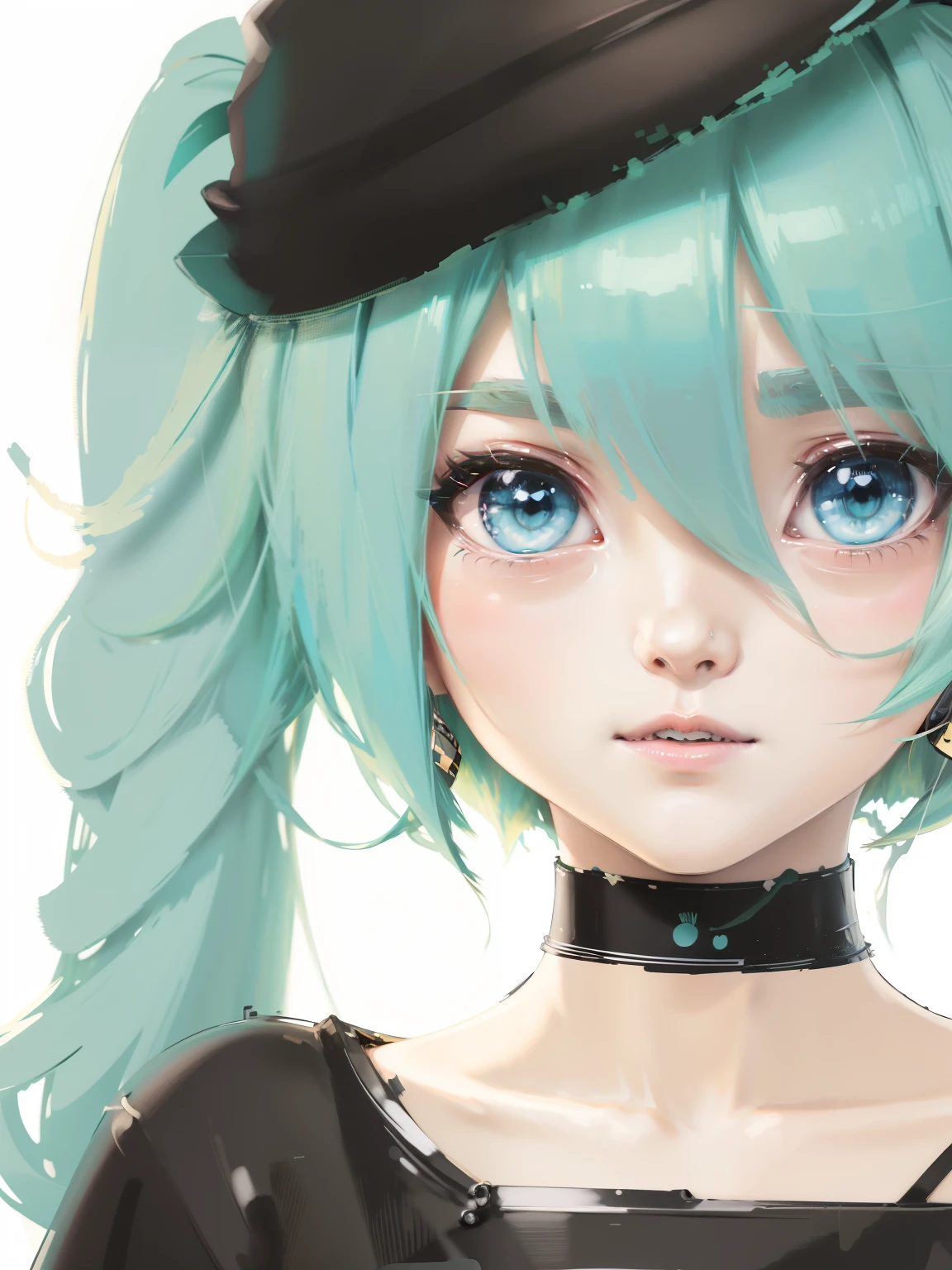 wear a hat、There is a painting of a woman with green hair., hatsune miku portrait, Hatsune Miku portrait, Created at Anime Artist Studio, Drawn at Anime Painter Studio, 2D anime style, anime style portrait, mikudayo, anime girl portrait, anime portrait, flat anime style shading, teal hair anime girl