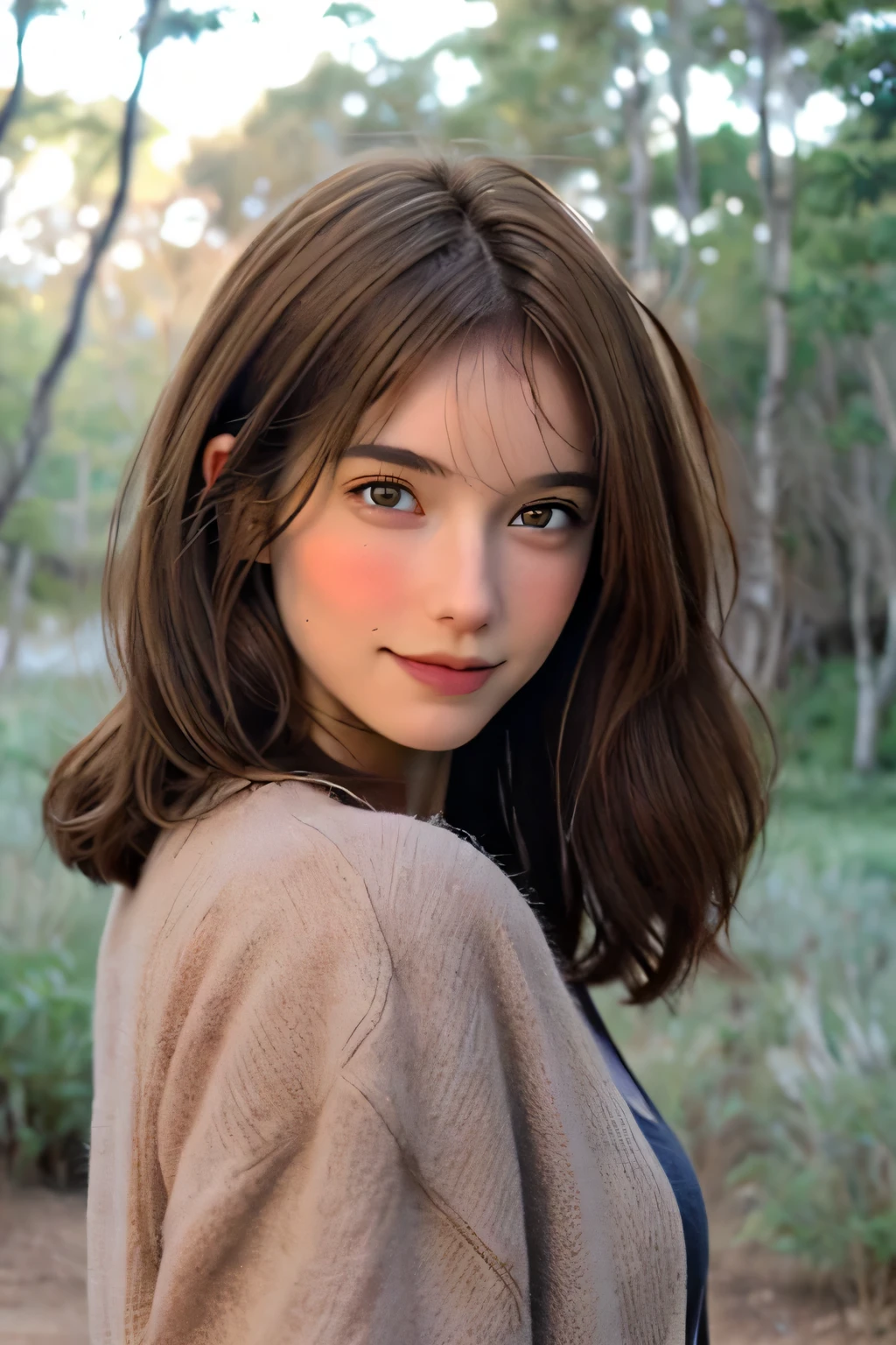 ((Mejor calidad)), ((obra maestra)), (detallado), cara perfecta,, foto carnet, mirando cuerpo entero al frente, ambos hombros mirando al frente, porta retrato de una mujer, con el pelo muy poco ondulado, brown hair color, pelo muy largo, brown eye color, eye size not very big, blushing cheeks with a medium size, que el porta retrato se vea hasta el pecho y que el fondo sea en un bosque lleno de arboles y que sea de nocje. Por ultiimo ropa espiritual, holistica