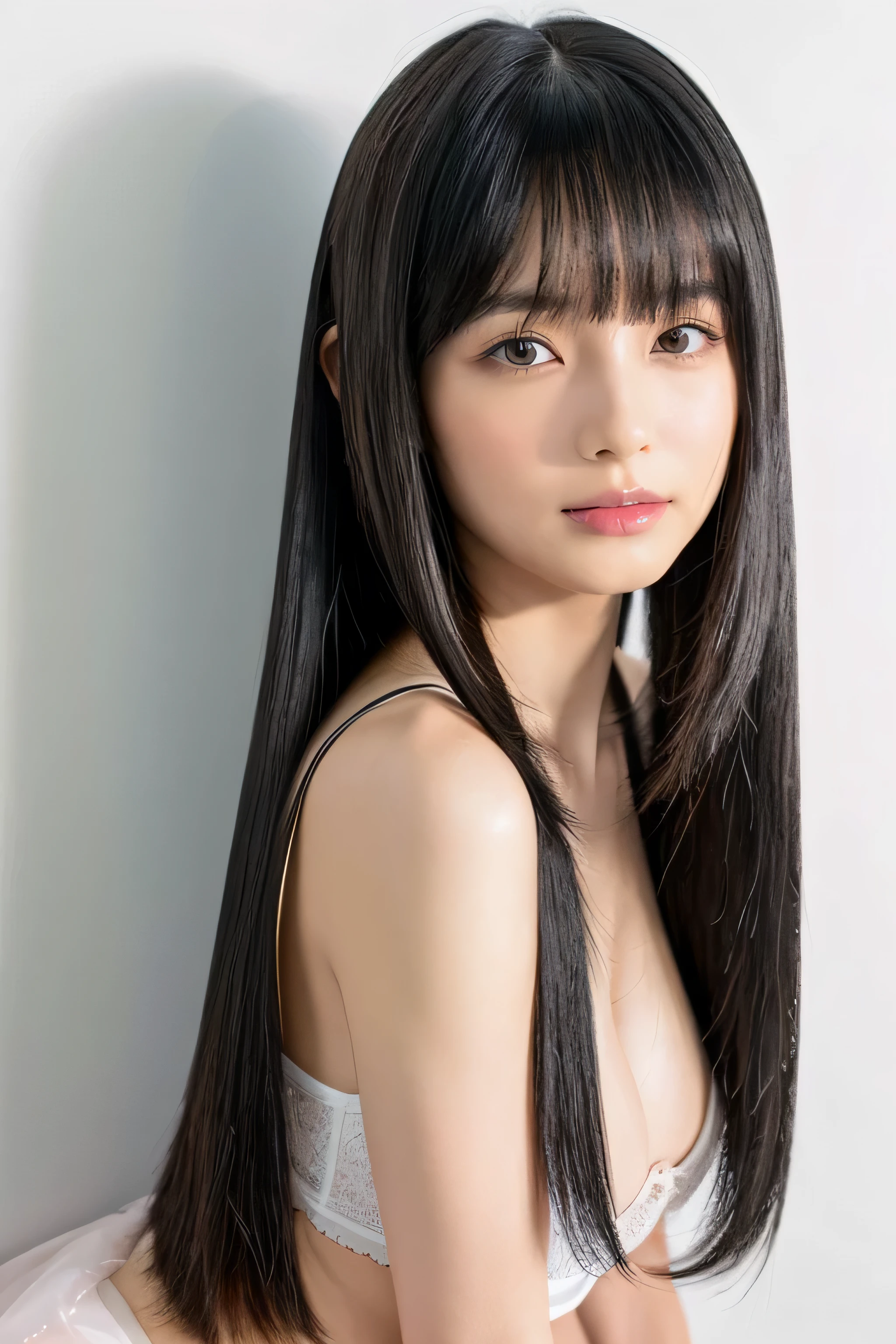 (highest quality))　1 female　(The most beautiful 12-year-old cute girl in Japan)　((Extra very Long Hair:1.4))　((Kneeling pose))　(The expression of pleasure when staring at a man&#39;s genitals)　(Facing the viewer)　((masterpiece))　perfect beautiful face　The eyes are slightly slanted　The eyebrows are very thin　((Her hair is very detailed and silky with a wonderful black sheen.、Incredibly straight, incredibly long black hair that reaches down to her waist　((Her bangs are neatly trimmed in a hime cut))　(natural)　(Lipstick is slightly pink)　Extremely long and straight hair, Black shiny straight hair, very shiny, Unusually long, straight hair, Thick and shiny, extremely long, straight black hair　Jet black, silky straight hair　Her hair is とても長い and straight　Thin black hair down to the waist, get used to it　Extremely long, straight black hair, Extremely long, straight black hair, Very long straight black hair))　　become familiar with　(Ultra-fine skin texture 1.4)　 double eyelid　sharp focus:1.2、Beautiful woman:1.4　　The whole body is super beautiful々New skin texture　clear, A typical healthy tan for Japanese people　She's perfect　　Unique Japanese faces　　Japan body type　that&#39;　　(in front of a white wall　on the white bed　Professional lighting is shining a light on her.:2.0)　((Anatomically correct arm、hand、refer to、foot))　((She is wearing white lingerie with lace))　A typical healthy tan for Japanese people　Her hair is a beautiful blonde　(average breast size)