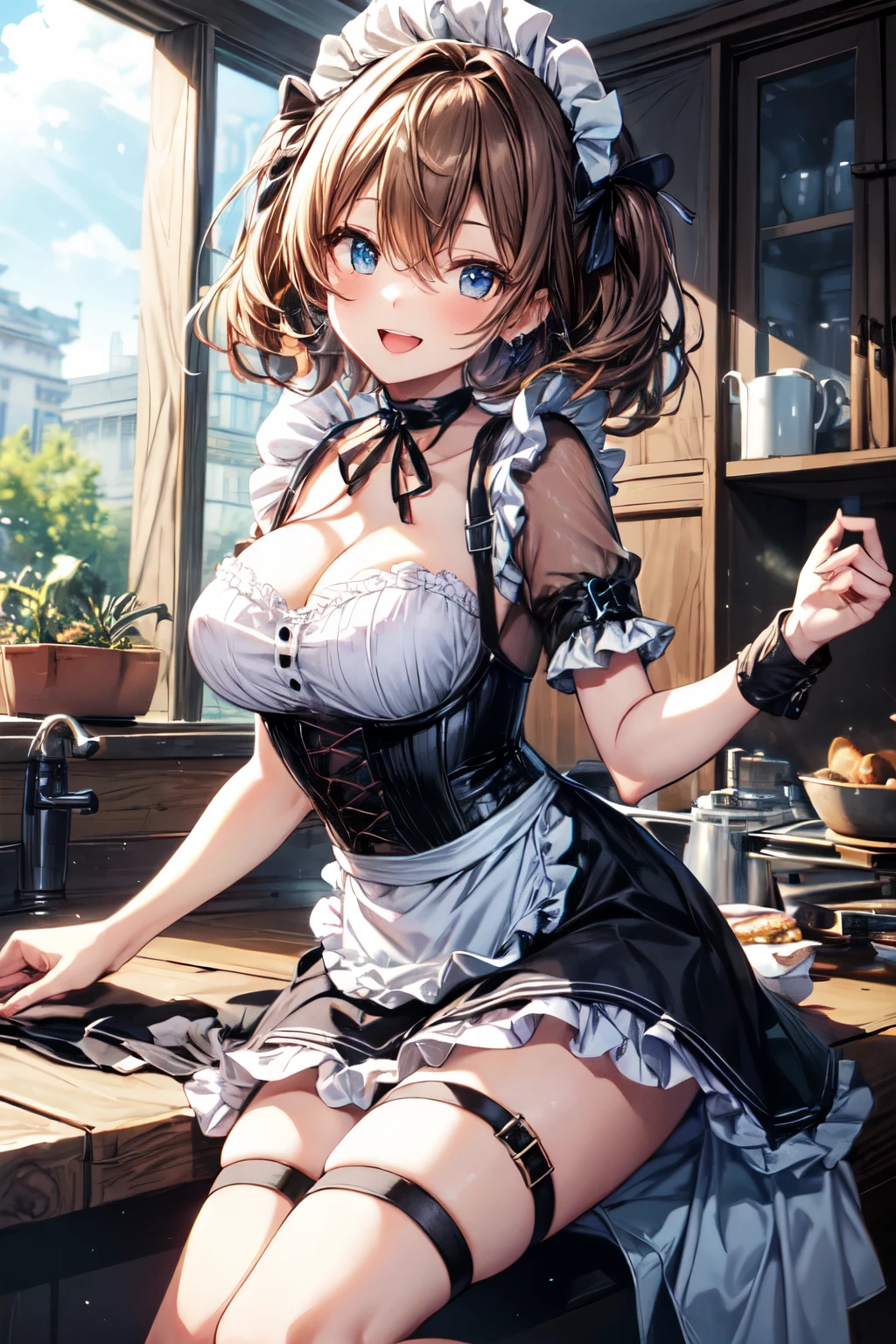 an extremely delicate,
beautiful girl,
break,
8k,
best quality,
masterpiece,
ultra hires,
ultra detailed girl,
super fine illustration,
break,
active pose, dynamic angle,
outdoors,
shiny,
bright,
rim lighting,
break,
1girl,
solo,
junior,
perfect female body,
short stature,
brown hair,
short hair,
big hair,
fluffy hair,
air bangs,
long bangs between eyes,
round face,
azure eyes,
smile, open mouth,
large breasts,



break,
black shirred Maid Dress,
apron,
black corset with straps,
Katyusha,
choker ribbon,
cufflinks,