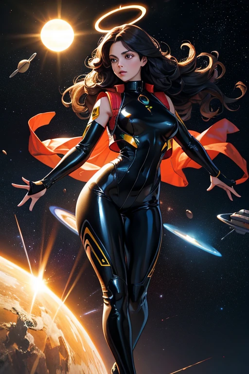 1girl,curvy_breasts, cute, beautiful detailed eyes, shiny hair, visible through hair, hairs between eyes, (Caucasian face, Europe face, eastern Europe girl), (USSR poster), (soviet poster), red monochrome, (soviet, communism, ((PROPAGANDA POSTER))), Black_hair, monster girl, wolf girl, wolf ears, wolf tail, smiling, red_eyes, furry, teenage, goodbreast, {Spacesuit|Orange_clothing_body|jumpsuit},red_gloves, white_space_shoes, white_helmet, ((the USSR red letters on the poster)), weightlessness, Side light, reflection, The person in the spacesuit is at the bottom left of the frame, The right hand is outstretched, Space station in the upper right corner of the screen, Reflected light from the sun, Silver metal, red flag, (USSR style), diffuse reflection, Metallic texture, (alien planet background), (pinup-girl, the sea of star on background), (effect of old poster )