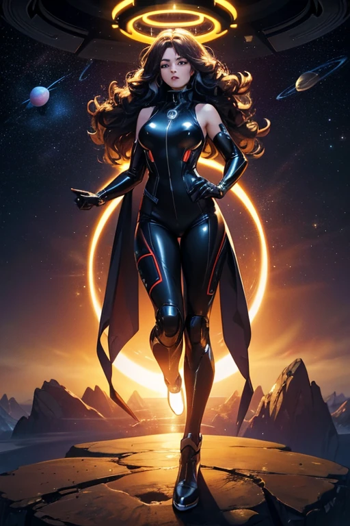 best quality, masterpiece, woman space super hero, full body,hi-tech vest over black latex suit, long curly hair, ENERGY HALO COMING FROM HANDS,floating in deep space, with several planets and suns in the background