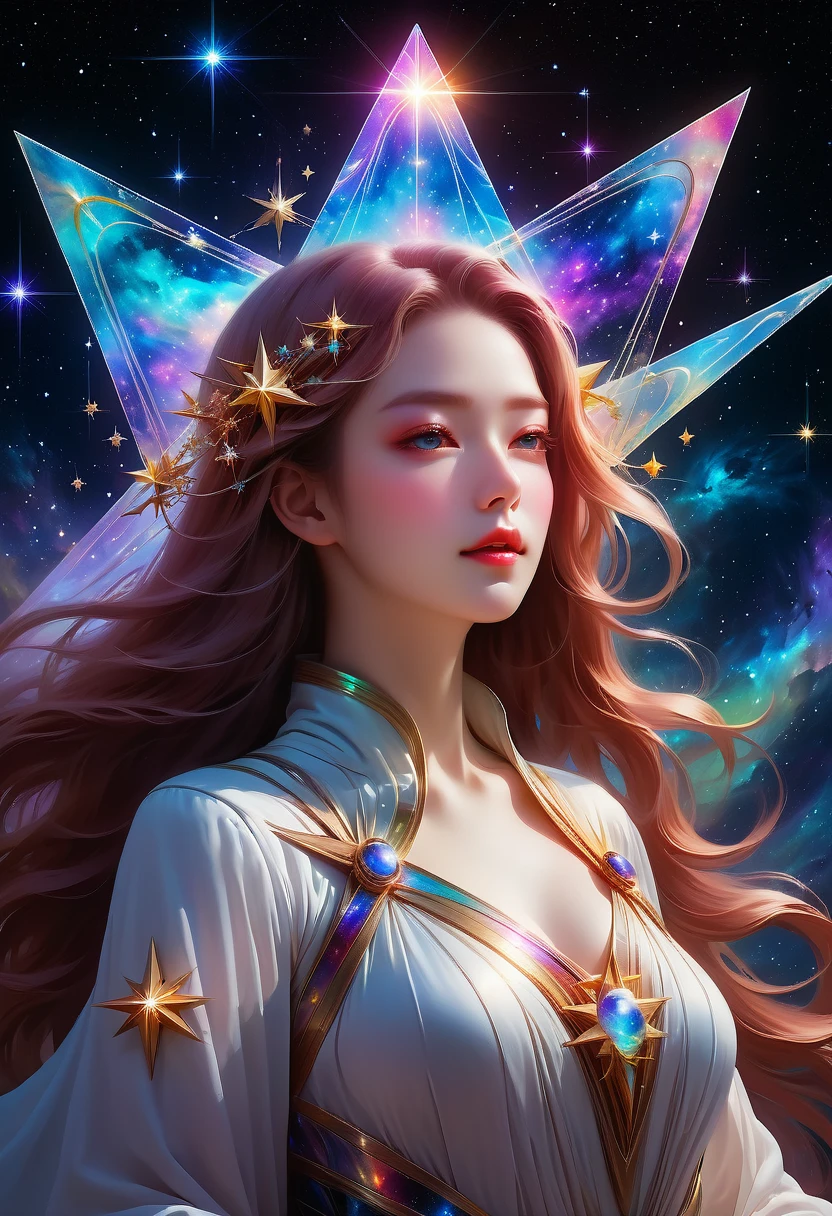 Giant triangle cybernetics,Magnificent cosmic starry sky background,超现实主义艺术风格的complex插图,surreal dream,Dubrec style,Transparent geometric shape close-up,(multiple exposure:1.8),(Starlight Art:1.5),Dreams of happiness,Bright starlight,bismuth,very beautiful,Encouraging,iridescent,Suggestive digital art,Gorgeously decorated,bioluminescence,grace,picturesque,Ultra-detailed,Beautifully;complex、Surreal concept art,aesthetics,fluency,complex抽象的星空,professional,masterpiece,8K,Ultra HD resolution,best quality,Epic surrealism,epic happy fantasy,史诗般的Starlight Art,Epic future science fiction art,Epic starlight digital illustration