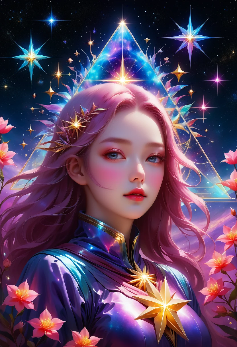 Giant triangle cybernetics,Magnificent cosmic starry sky background,超现实主义艺术风格的complex插图,surreal dream,Dubrec style,Transparent geometric shape close-up,(multiple exposure:1.8),(Starlight Art:1.5),Dreams of happiness,Bright starlight,bismuth,very beautiful,Encouraging,iridescent,Suggestive digital art,Gorgeously decorated,bioluminescence,grace,picturesque,Ultra-detailed,Beautifully;complex、Surreal concept art,aesthetics,fluency,complex抽象的星空,professional,masterpiece,8K,Ultra HD resolution,best quality,Epic surrealism,epic happy fantasy,史诗般的Starlight Art,Epic future science fiction art,Epic starlight digital illustration