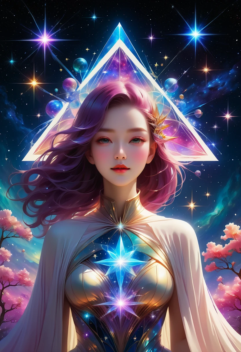 Giant triangle cybernetics，Magnificent cosmic starry sky background，超现实主义艺术风格的complex插图，surreal dream，Dubrec style，Transparent geometric shape close-up，（multiple exposure：1.8），(Starlight Art:1.5)，Dreams of happiness，Bright starlight，bismuth，very beautiful，Encouraging，iridescent，Suggestive digital art，Gorgeously decorated，bioluminescence，grace，picturesque，Ultra-detailed，Beautifully；complex、Surreal concept art，aesthetics，fluency，complex抽象的星空，professional，masterpiece，8K，Ultra HD resolution，best quality，Epic surrealism，epic happy fantasy，史诗般的Starlight Art，Epic future science fiction art，Epic starlight digital illustration