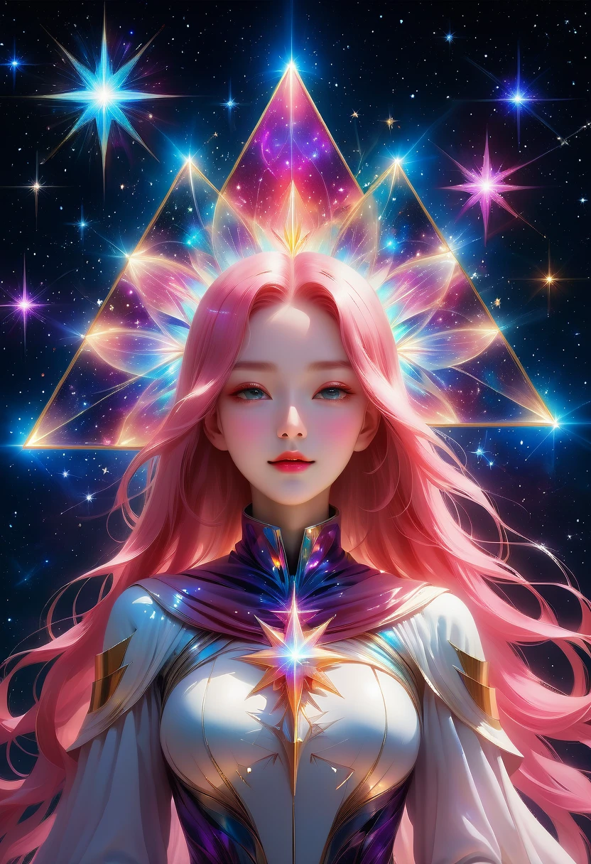 Giant triangle cybernetics，Magnificent cosmic starry sky background，超现实主义艺术风格的complex插图，surreal dream，Dubrec style，Transparent geometric shape close-up，（multiple exposure：1.8），(Starlight Art:1.5)，Dreams of happiness，Bright starlight，bismuth，very beautiful，Encouraging，iridescent，Suggestive digital art，Gorgeously decorated，bioluminescence，grace，picturesque，Ultra-detailed，Beautifully；complex、Surreal concept art，aesthetics，fluency，complex抽象的星空，professional，masterpiece，8K，Ultra HD resolution，best quality，Epic surrealism，epic happy fantasy，史诗般的Starlight Art，Epic future science fiction art，Epic starlight digital illustration