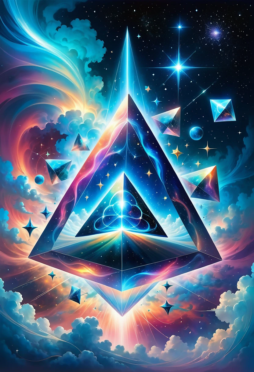 Bosch style, Translucent cube captures eerie clouds, the Starscape warps, Time warp, Surrealism prevails, Star, luminescent, Glittering,Giant triangle cybernetics,Magnificent cosmic starry sky background,Intricate illustration in surreal art style,surreal dream,Dubrec style,Transparent geometric shape close-up,(multiple exposure:1.8),