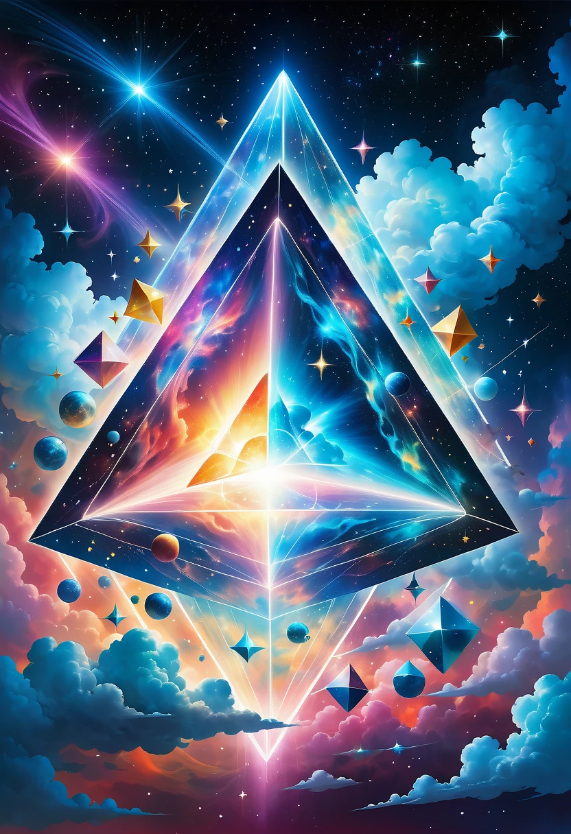 Bosch style, Translucent cube captures eerie clouds, the Starscape warps, Time warp, Surrealism prevails, Star, luminescent, Glittering，Giant triangle cybernetics，Magnificent cosmic starry sky background，Intricate illustration in surreal art style，surreal dream，Dubrec style，Transparent geometric shape close-up，（multiple exposure：1.8），