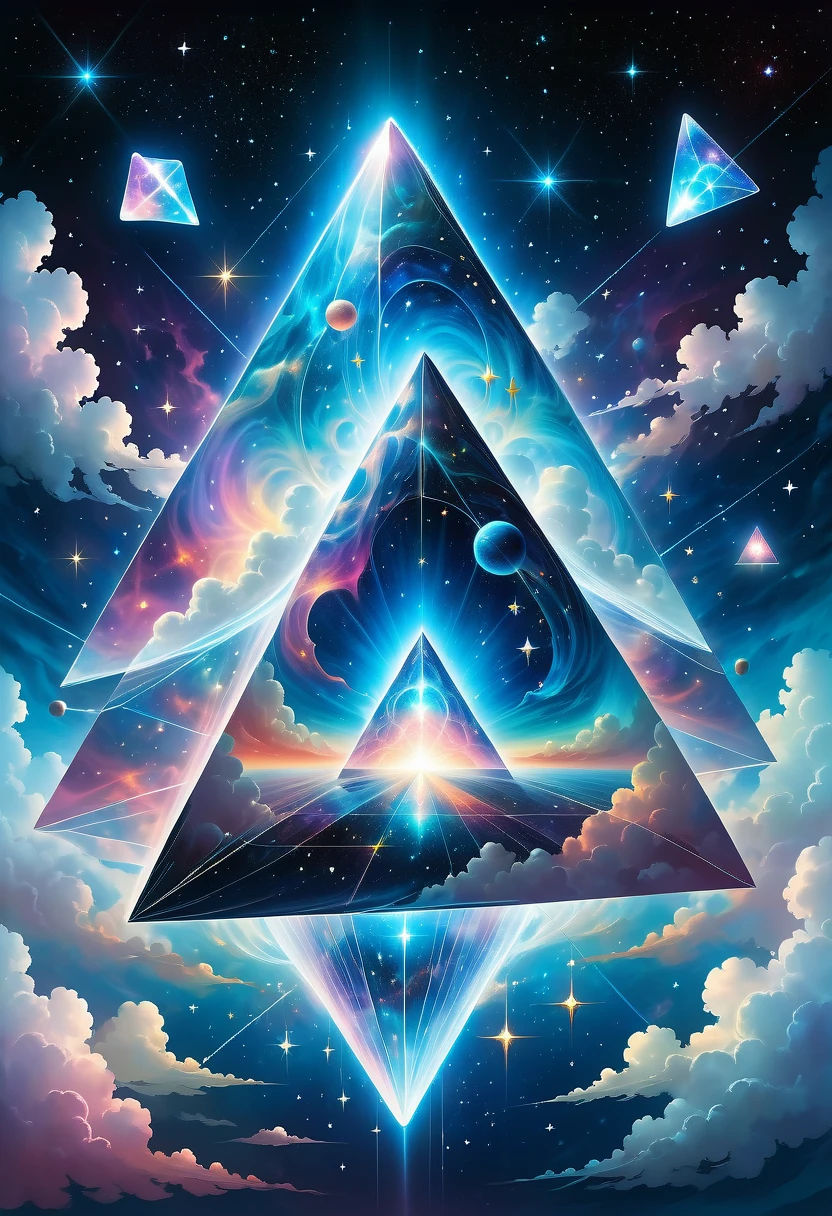 Bosch style, Translucent cube captures eerie clouds, the Starscape warps, Time warp, Surrealism prevails, Star, luminescent, Glittering,Giant triangle cybernetics,Magnificent cosmic starry sky background,Intricate illustration in surreal art style,surreal dream,Dubrec style,Transparent geometric shape close-up,(multiple exposure:1.8),