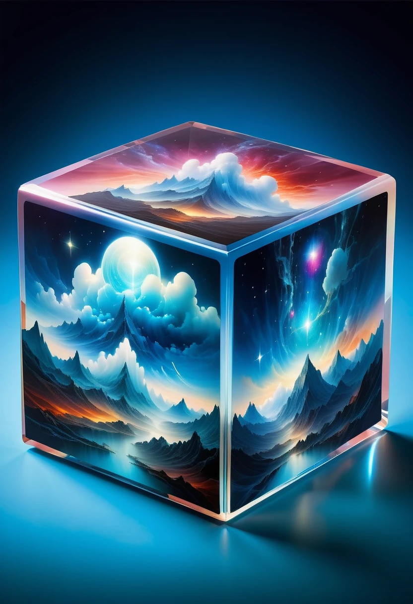 Bosch style, Translucent cube captures eerie clouds, the Starscape warps, Time warp, Surrealism prevails, Star, luminescent, Glittering