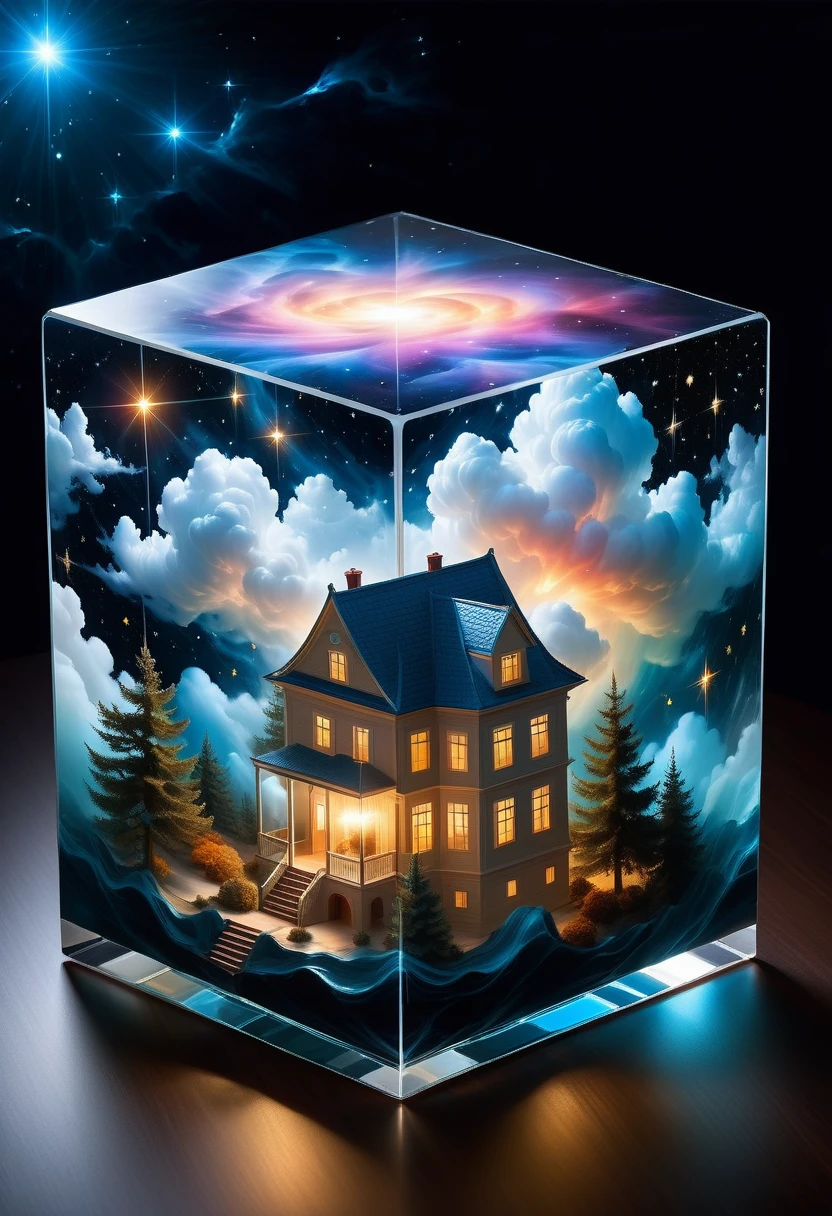 Bosch style, Translucent cube captures eerie clouds, the Starscape warps, Time warp, Surrealism prevails, Star, luminescent, Glittering