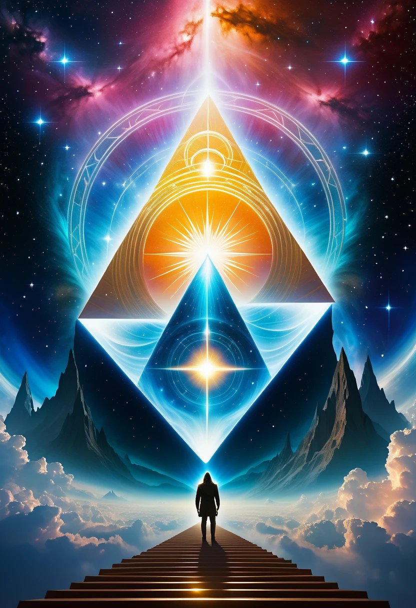 Giant triangle cybernetics，Magnificent cosmic starry sky background，Intricate illustration in surreal art style，surreal dream，Dubrec style，Transparent geometric shape close-up，（multiple exposure：1.8），A man standing at the entrance，Alphad&#39;s image with a star in the sky, Entering the ethereal realm, A gateway to another universe, The passage to the ethereal realm, artgem and beeple masterpiece, A stargate to another dimension, futuristic stargate, cosmic eye, Movie Bee, Jessica Rossier Fantasy Art