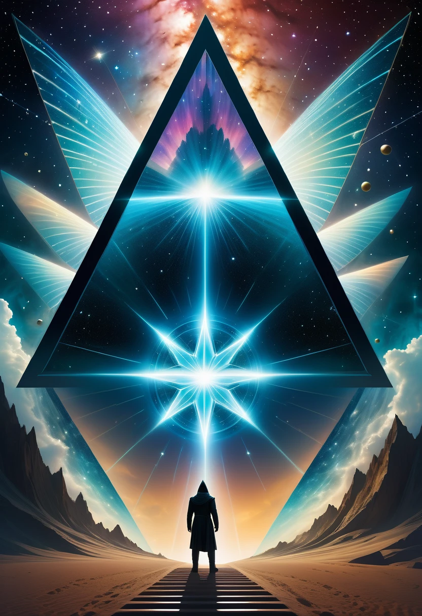 Giant triangle cybernetics，Magnificent cosmic starry sky background，Intricate illustration in surreal art style，surreal dream，Dubrec style，Transparent geometric shape close-up，（multiple exposure：1.8），A man standing at the entrance，Alphad&#39;s image with a star in the sky, Entering the ethereal realm, A gateway to another universe, The passage to the ethereal realm, artgem and beeple masterpiece, A stargate to another dimension, futuristic stargate, cosmic eye, Movie Bee, Jessica Rossier Fantasy Art