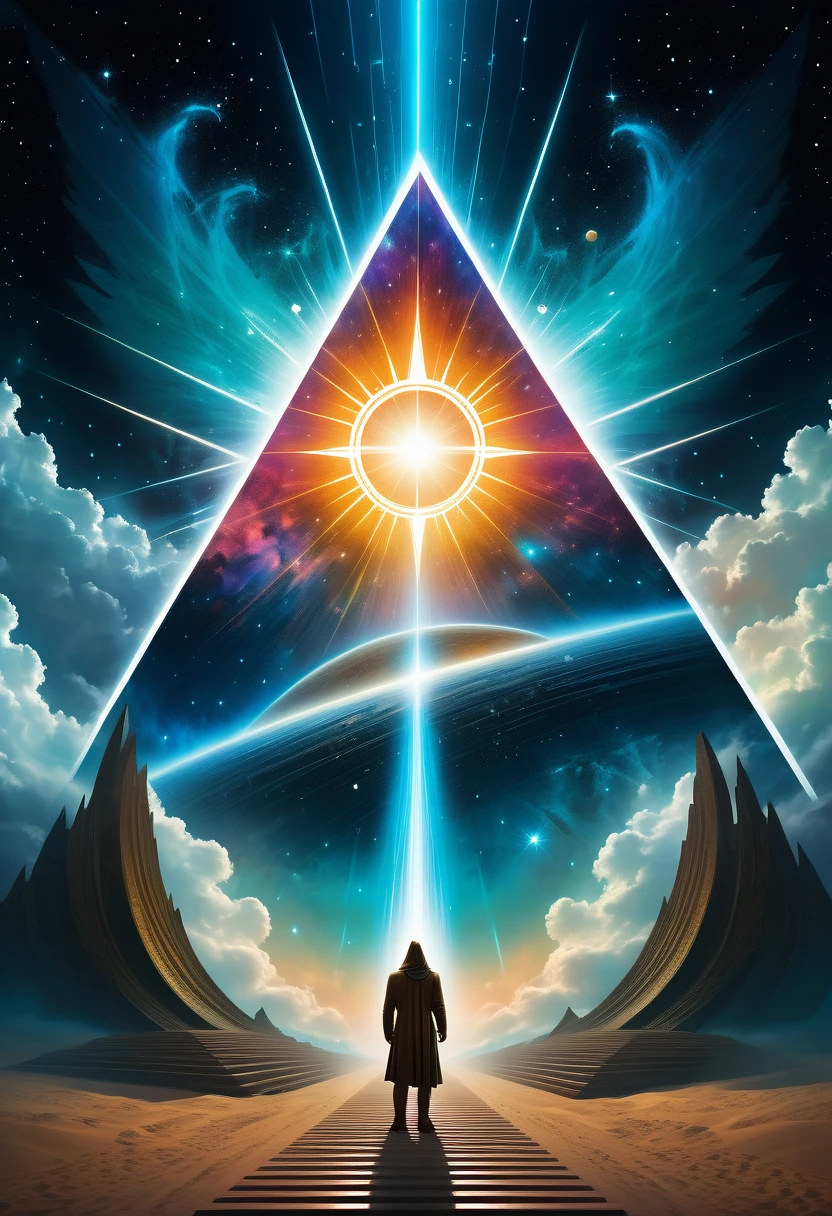 Giant triangle cybernetics，Magnificent cosmic starry sky background，Intricate illustration in surreal art style，surreal dream，Dubrec style，Transparent geometric shape close-up，（multiple exposure：1.8），A man standing at the entrance，Alphad&#39;s image with a star in the sky, Entering the ethereal realm, A gateway to another universe, The passage to the ethereal realm, artgem and beeple masterpiece, A stargate to another dimension, futuristic stargate, cosmic eye, Movie Bee, Jessica Rossier Fantasy Art