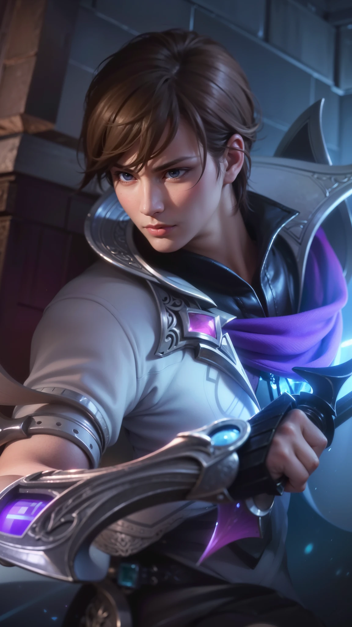 a close up of a person holding a sword in a room, masculine male, masterpiece, ((perfect eyes)) best quality, (semirealism:1.9), beautiful lighting, (extremely detailed CG unity 4k fhd wallpaper), High Detail, Sharp focus, dramatic outdoors, 1 boy ,19 years old, light purpel eyes, 8k, ultra hd, ultra detailed texture, hyper realistic, masterpiece, detailed texture, detailed face, detailed skin, detailed lighting, (photorealistic:1.5), best quality, beautiful lighting, cinematic lighting, professional lighting, ultra highres, realistic, detailed hair, real hair, high quality, (realskin:1.5), extremely detailed, finely detail, ultra-detailed, glare.
