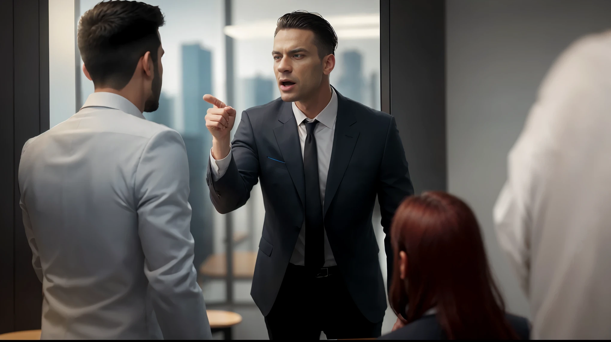 there is a man in a suit talking to a woman in the mirror, estilo de arte realista, photoestilo de arte realista, cinematic realistic photo, promotional rendering, hyper-realistic content, arte cg, Imagem realista, ultra Imagem realista, detailed cinematic rendering, photorealistic cinematic rendering, cinematic realistic portrait, photoImagem realista, cena realista, Realistic rendering, photorealistic content