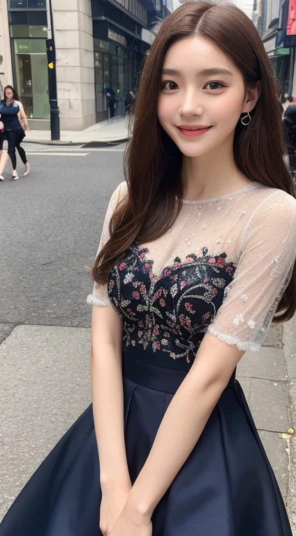 ((Best quality, 8k, Masterpiece :1.3)), 1girl, smiling, full body, slim face, Pretty woman, (Dark brown hair), full length dress :1.1, Ultra-detailed face, Detailed eyes, Double eyelid,  blur background, slim face, city, outside, street,