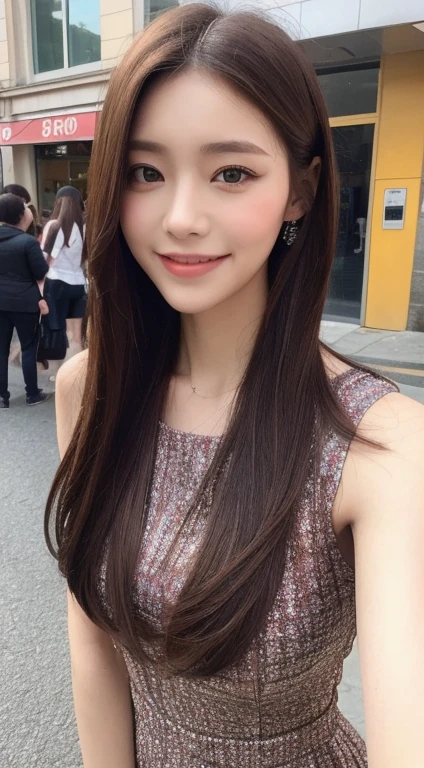((Best quality, 8k, Masterpiece :1.3)), 1girl, smiling, full body, slim face, Pretty woman, (Dark brown hair), full length dress :1.1, Ultra-detailed face, Detailed eyes, Double eyelid, blur background, slim face, city, outside, street,