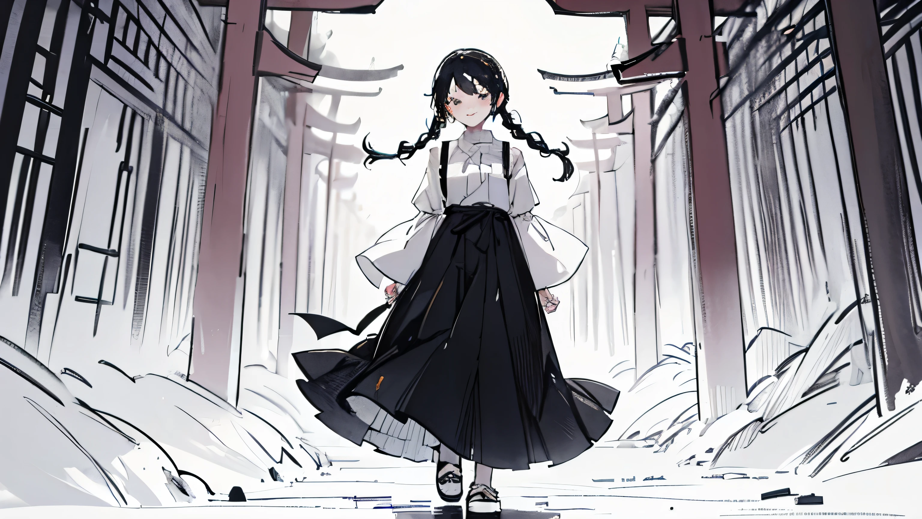 alone, full body, armsbehind back, 1 girl, young, detailed black hair, Delicate facerain, seductive smile, perfect hands, black eyes, white skin, absurdres,far from the camera,Torii in Shoujo no Ishiro,braided pigtails