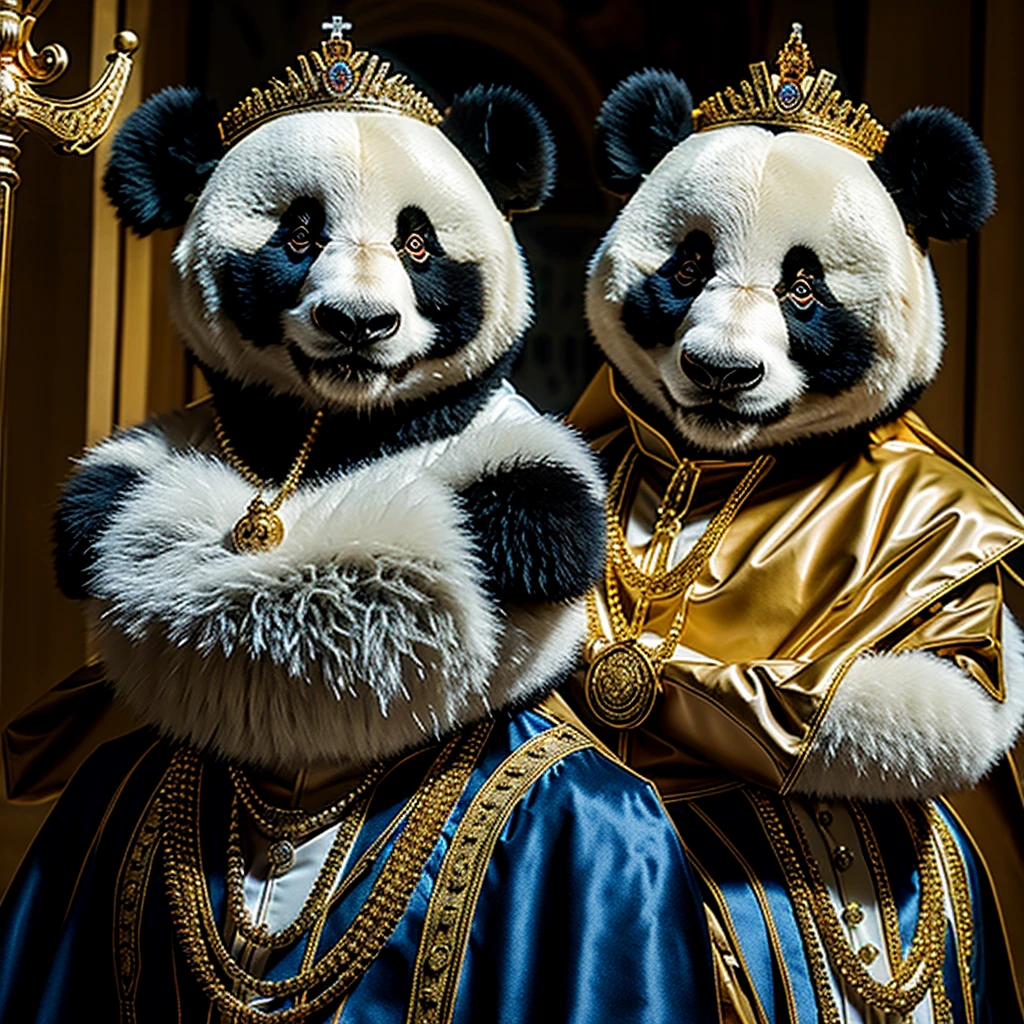 Panda (royal clothing/military uniform), necklace, cape, crown, staff