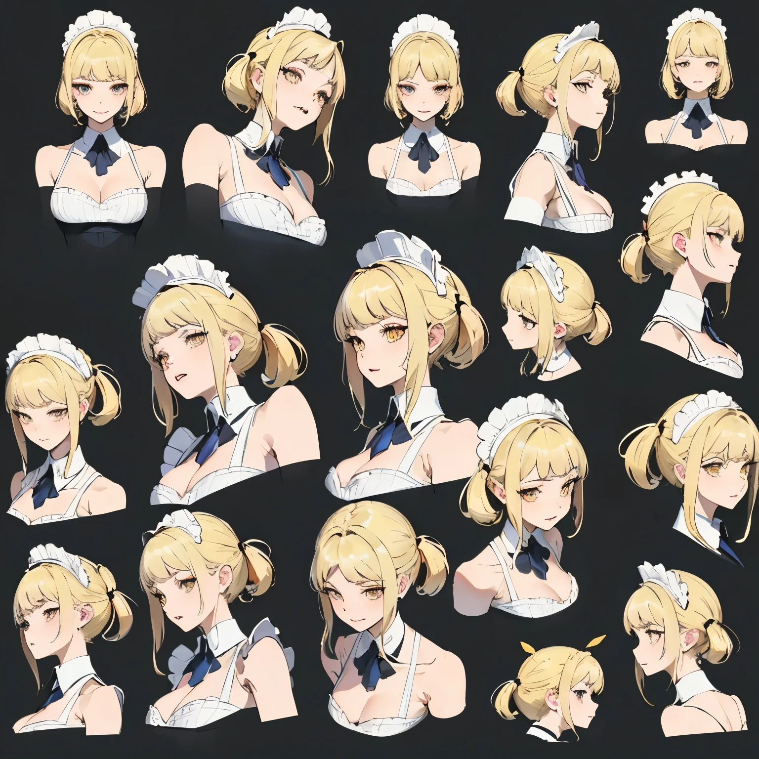 (masterpiece, 8K, highest quality, very detailed, 1 mature woman), (Consistent personality, same character), (blonde hair, yellow eyes), (very detailed顔と肌の質感, fine eyes), evil smile, big breasts, alone, (maid), white background, bare shoulders, enchanting smile, (multiple views, multiple angles), Side view, Front view, look up, look down, Rear view, 20-degree head view