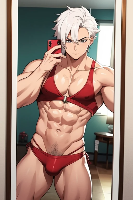 Male bodybuilder anime character in his 20s in red bodybuilder thong with a mullet hairstyle with white hair while taking a photo in a mirror in his room with a suggestive look