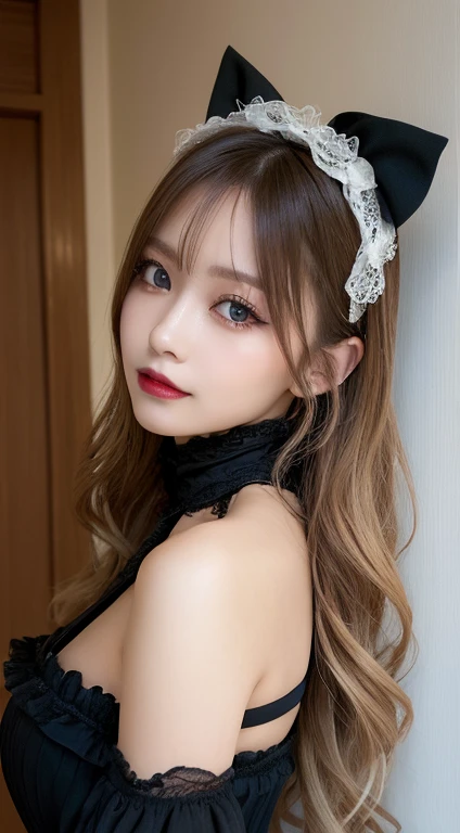 masutepiece, Best Quality, Illustration, Ultra-detailed, finely detail, hight resolution, 8K Wallpaper, Perfect dynamic composition, Beautiful detailed eyes, gothic ta, off shoulder, beige wavy hair, huge-breasted, huge-breasted, Huge breasts, huge-breasted, huge-breasted, Gothic fashion, Gothic makeup, Bold sexy poses,Smile, Landmine fashion、20 years girl、Cute、Sexy shot looking at camera