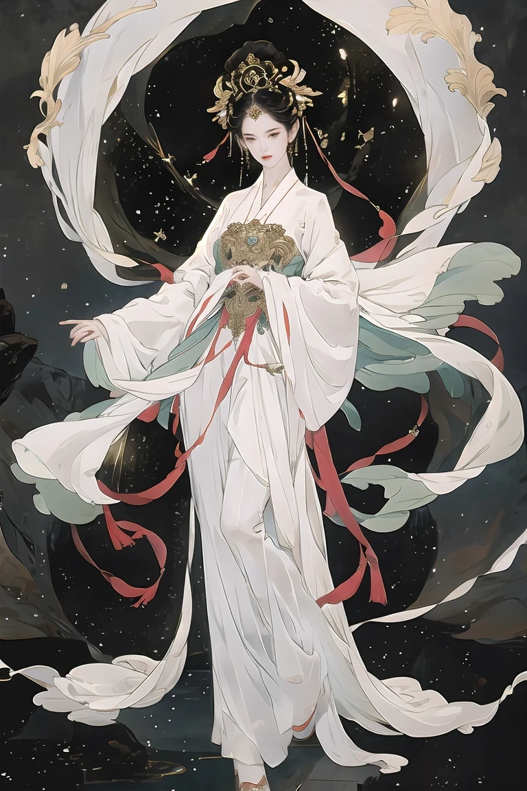 masterpiece, beautiful void goddess, Standing in white transparent clothes under the empty night stars, disappearing transparent pants, Standing whole body, tall figure, Slender legs, facial details, Detailed body part details, 8k wallpaper