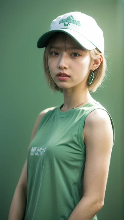 Tetsuya Nomura, masterpiece, best quality, 1 girl, aqua eyes, baseball cap, blonde hair, Keep your mouth shut, earrings, green background, have, hoop earrings, jewelry, looking at the audience, shirt, short hair, Simple background, alone, Upper body, yellow shirt