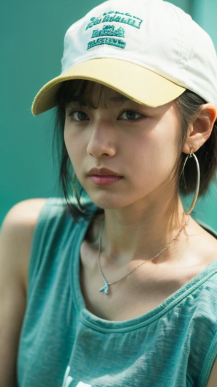 Tetsuya Nomura, masterpiece, best quality, 1 girl, aqua eyes, baseball cap, blonde hair, Keep your mouth shut, earrings, green background, have, hoop earrings, jewelry, looking at the audience, shirt, short hair, Simple background, alone, Upper body, yellow shirt