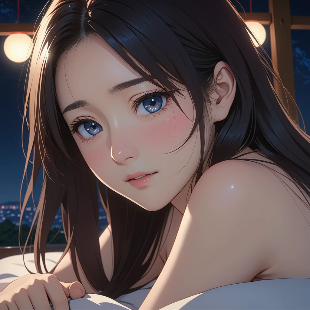 masterpiece, High resolution, illustration, kyoto animation style, Your name is cinematic style, night, midnight, Light, (1 female: 1.3), (alone: 1.4), long eyelashes, long hair, nose blushing, futon, sexy, naked, face close-up, Hide with hands , Hide with hands,