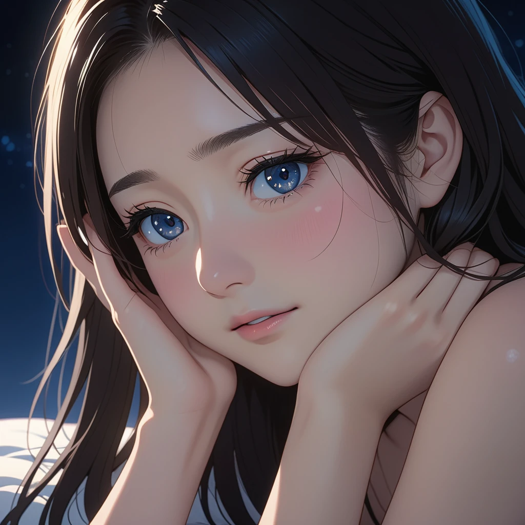 masterpiece, High resolution, illustration, kyoto animation style, Your name is cinematic style, night, midnight, Light, (1 female: 1.3), (alone: 1.4), long eyelashes, long hair, nose blushing, futon, sexy, naked, face close-up, Hide with hands , Hide with hands,