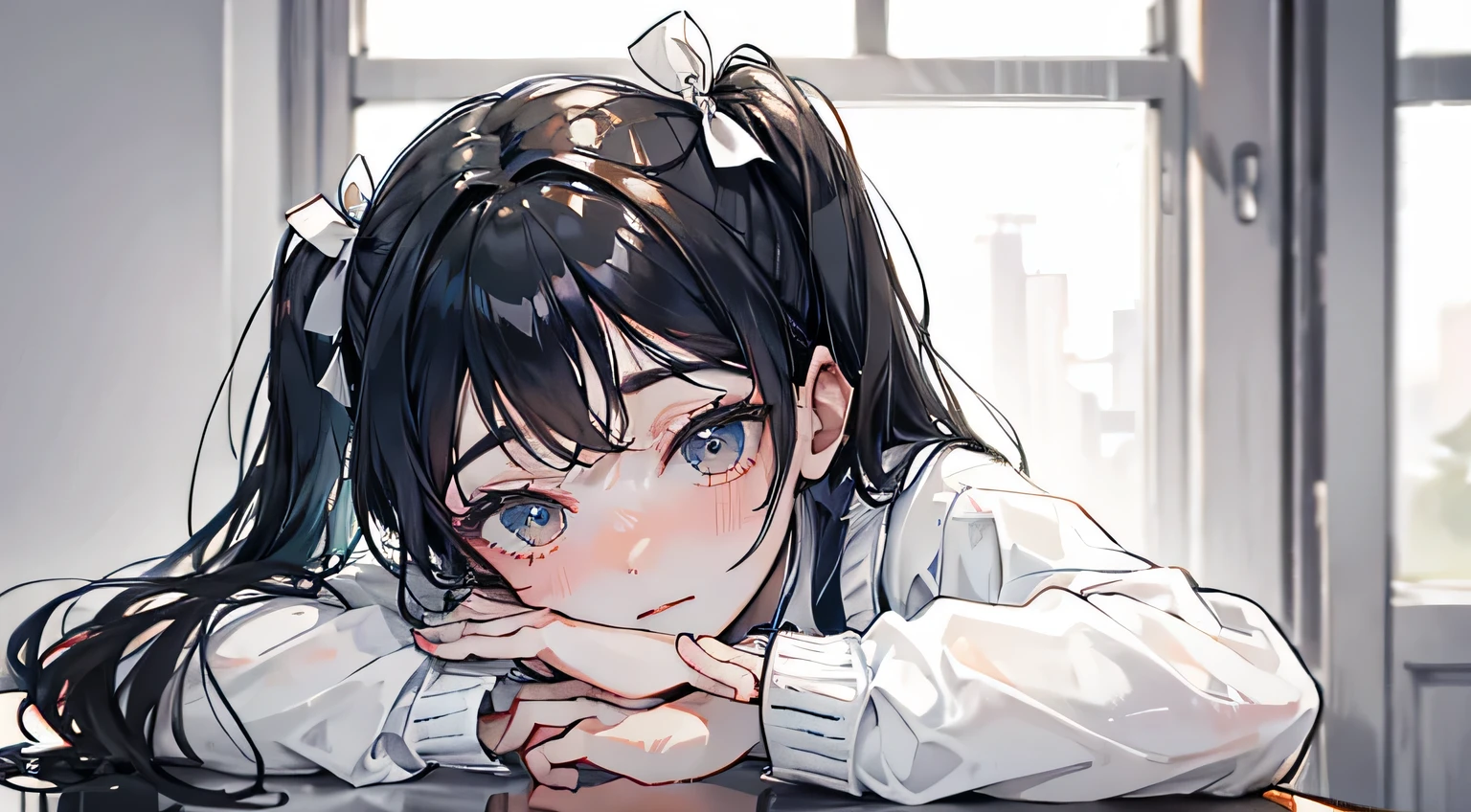 alone, very close to viewers, 1 girl, young, twintails, detailed black hair, light blush, water eyes, perfect hands, black eyes, white skin, hair bow, window, blurry background, absurdres,school,Resting your chin in your hand,upward glance