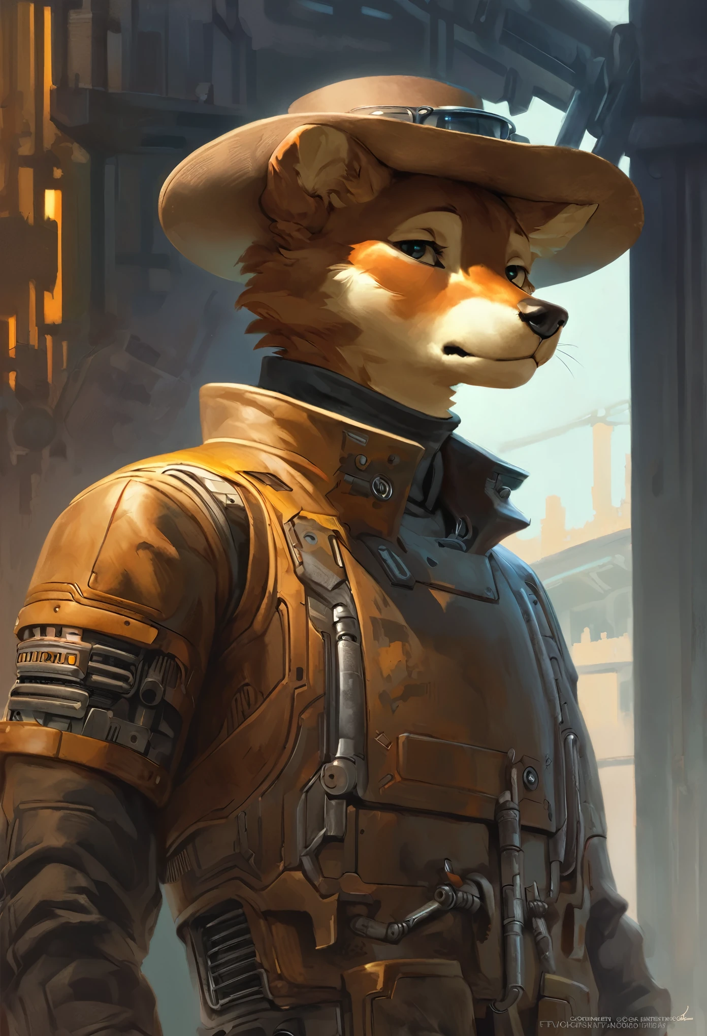 top quality, High-quality illustrations by Johannes Vermeer, masterpiece, Dark_Fantasy, Cyberpunk, steam punk(super handsome boy, single, kemono)Mechanical marvel, Robotic presence, Cybernetic guardian, wearing a worn-out mech suit, intricate(steel metal, rusty)(furry anthro:1.7)(Furry body, dog facial features, dog body features)elegant, clear focus, shot by greg rutkowski, soft lighting, vibrant colors, masterpiece((street))cowboy shot, dynamic pose,