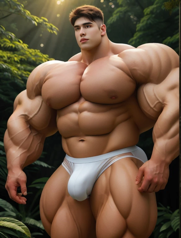 1boy, giant, model shoot style, looking at viewer, standing, illuminating light, golden hour, outdoor, strong body, bulk, large size, standing, in the forest, white triangular underwear, prominent bulge, brutalmass