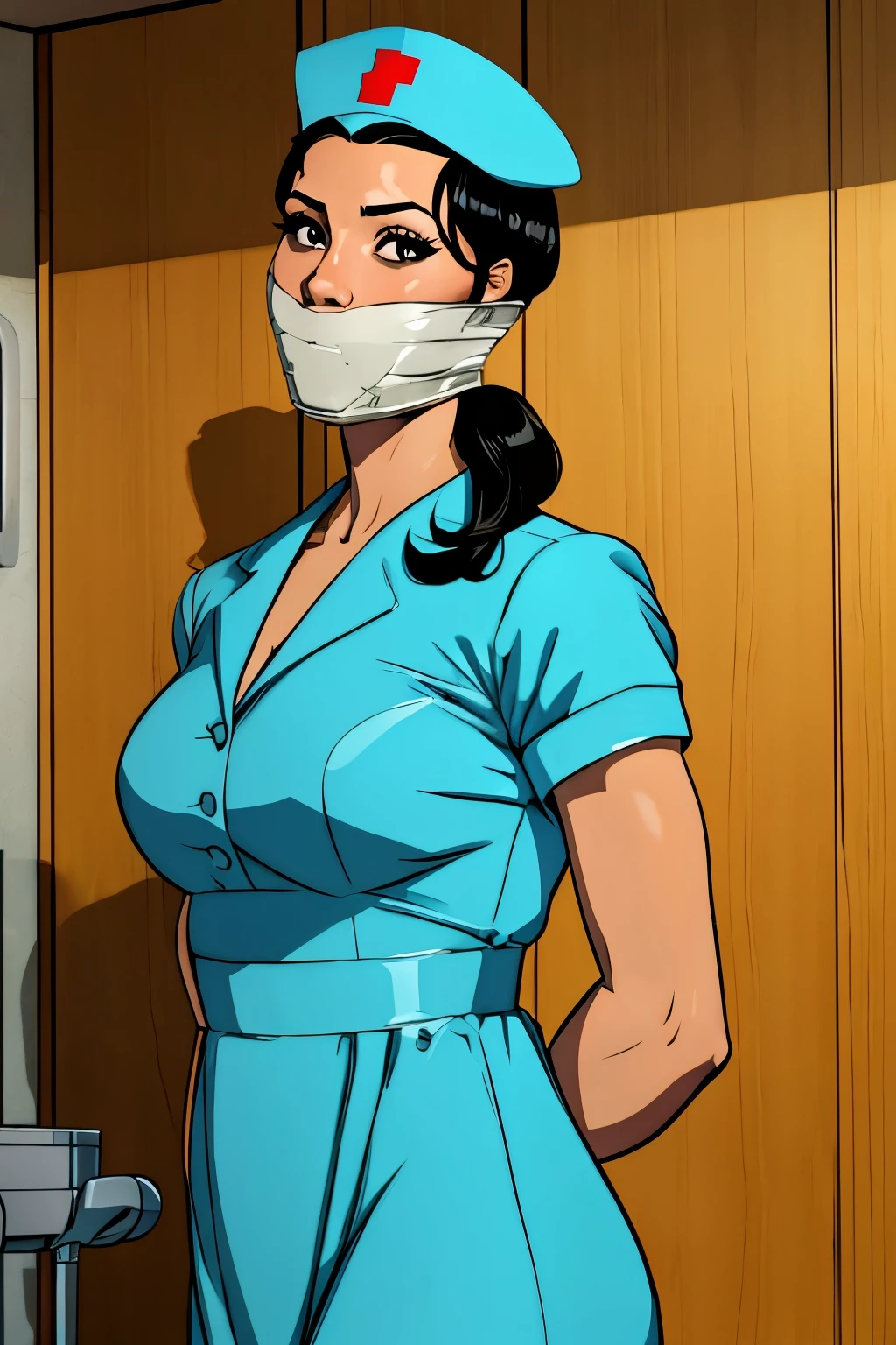 1womanl, Nurse, black hair, black eyes, Standing, hospitals,  a matural female, 35 year old, Best Quality, , bondage, gagged, clothes,blue dress,blue headwear,nurse cap,nurse