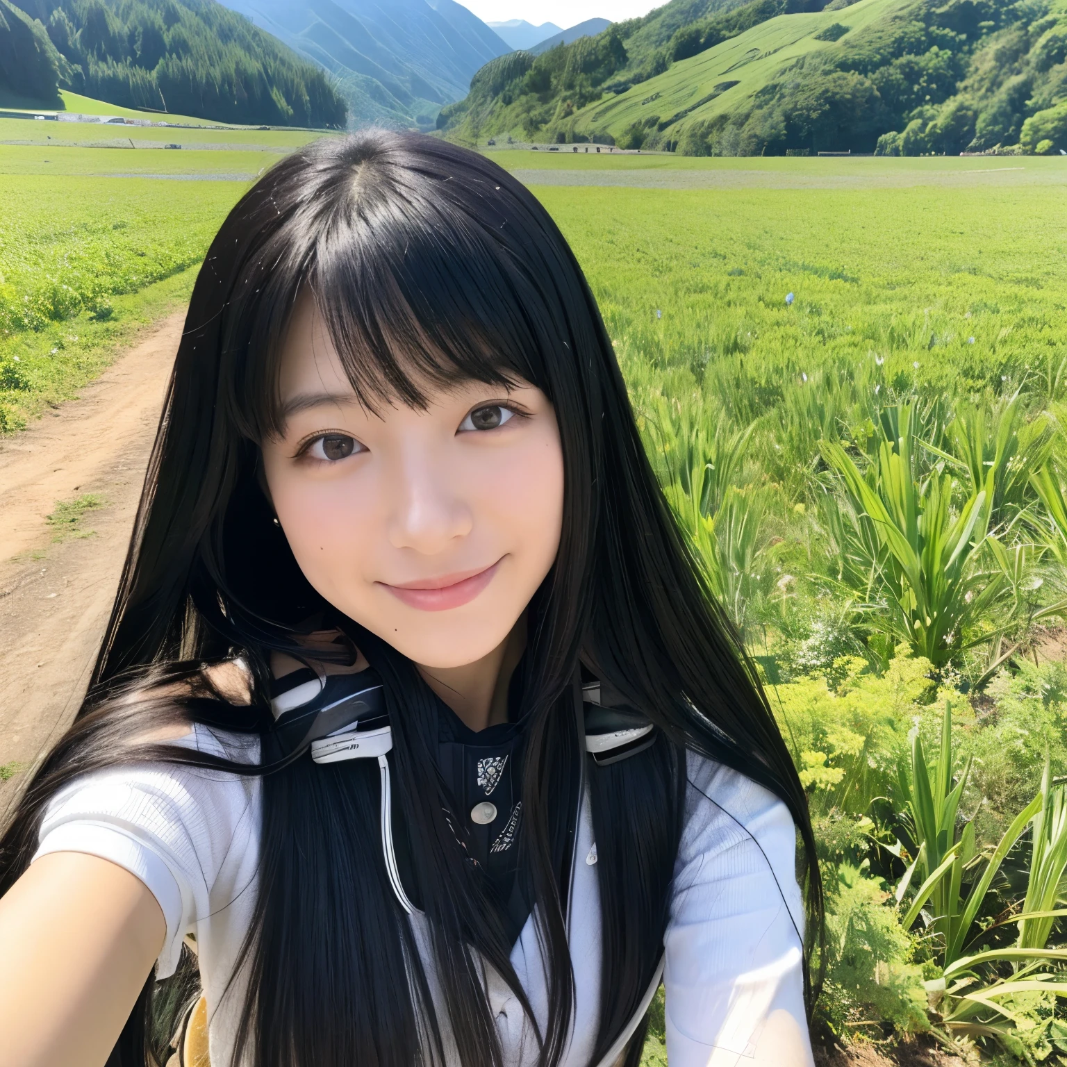 In-camera selfie、beautiful girl、Japanese、black hair、valley、