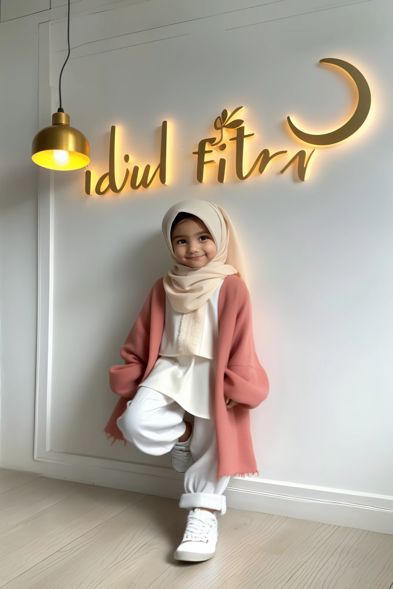 there is a young girl standing in front of a wall with a sign, inspired by Fathi Hassan, inspired by Nazmi Ziya Güran, inspired by Puru, inspired by Lü Ji, hijab, inspired by Mym Tuma, inspired by Naza, inspired by Lily Delissa Joseph, katelynn mini cute style, inspired by Pearl Frush