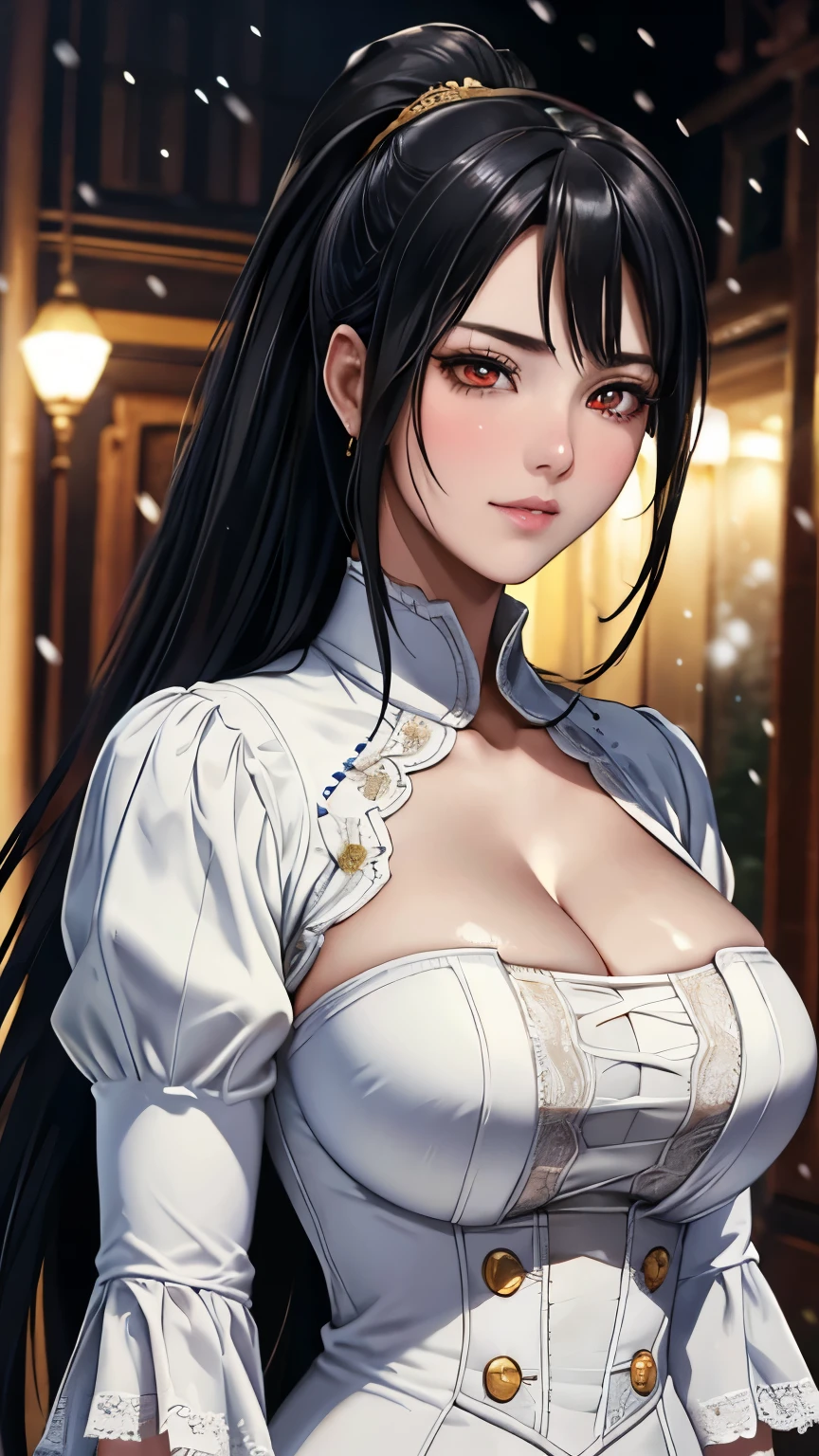 red eyes, (highest quality, masterpiece painting:1.3), immature woman, , (half body shot), masterpiece, ultra high resolution, (Photoreal:1.0), black hair, ponytail, straight hair, beautiful shining hair, white and shining skin, ((Ultra realistic details)), octane rendering, highly detailed face, (big breasts:0.8), She wears stunning costumes inspired by Belle Époque style, flowing gold dress decorated with lace and ribbons, (clothing: gold belle époque dress with lace and ribbons),cleavage, perfect body, soft skin, anime face, perfect face, perfect eyes, looking at the viewer, smart, snow scene, ((snow falling)), ((fantastic night)), ((outdoors)), sharp focus, intricate details, professional artwork, (bright colors:1.1), bright colors, diffused lighting, digital blending, ultra-definition body, ultra detail hair, super detailed face, that&#39;It&#39;s trending on pixiv, top button open, Cute gaze, compensate, perfect lips, perfect compensate, Ultra-precision coating,  (light_smile:0.8), (Very embarrassed:1.2), blush your nose,