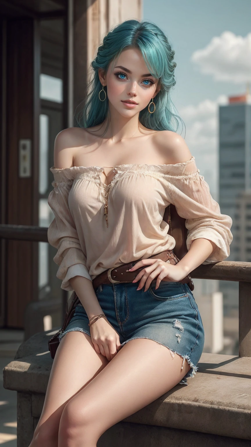 最high quality, 8K, masterpiece: 1.3, Ultra HD, high quality, 最high quality, High resolution, realism)) 、25歳のwhite woman、brunette、blue eyes、long hair、smile、slender、slenderだがアスリートのような細マッチョ、I don't want my head to disappear from the screen.、Wear accessories on your wrist、Wearing red nail polish、I have a peticure、aerial perspective((atmospheric perspective))、smile((smiley))、background blur((depth of field)、Wear a sheer, off-the-shoulder bodycon top、wear sandals、have a clutch bag、Skyscraper background、Waiting for a traffic light at an intersection、crystal earrings((crystal earrings))、inner color((colored inner hair))、dark blonde、Bangs at the parting((parted bangs))、French style braid((french braid))、white woman