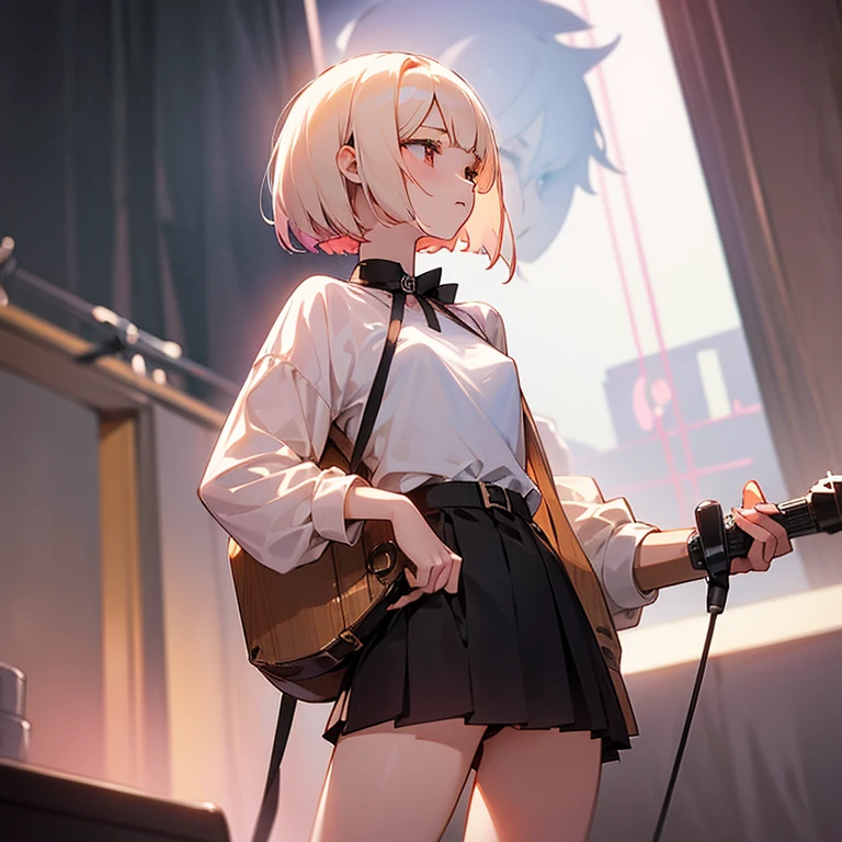 beautiful girl、Slender and delicate、small breasts、cool girl、live house、Live Scene、band vocalist、high layer cut、short bob、Cream-colored hair with a slight pink tint、Casual and boyish fashion、Oversized Fashion、