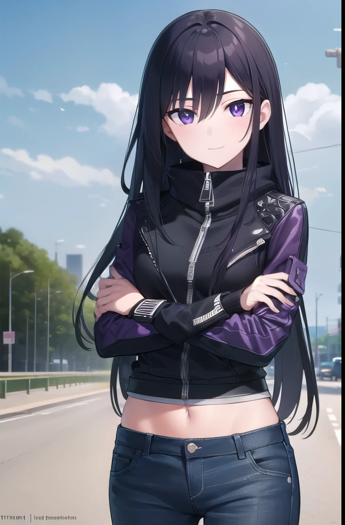 long hair, black hair, (purple eyes:1.3), hair between eyes, cute face, smile, blush, hair drills
BREAK jeans, zipped jacket, biker jacket, scarf, arm warmers, arms crossed, exposed midriff
BREAK sky, clouds, road, asphalt
BREAK looking at viewer, cowboy shot, wind, wind blowing
BREAK (masterpiece:1.2), best quality, high resolution, unity 8k wallpaper, (illustration:0.8), (beautiful detailed eyes:1.6), extremely detailed face, perfect lighting, extremely detailed CG, (perfect hands, perfect anatomy)