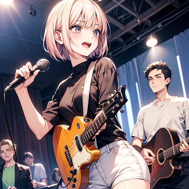 beautiful girl、cool、Man wins、cool、boyish、enthusiastic singing、Slender and delicate、small breasts、cool girl、live house、Live Scene、band vocalist、high layer cut、short bob、Cream-colored hair with a slight pink tint、casual fashion、boyishなファッション、Oversized Fashion、