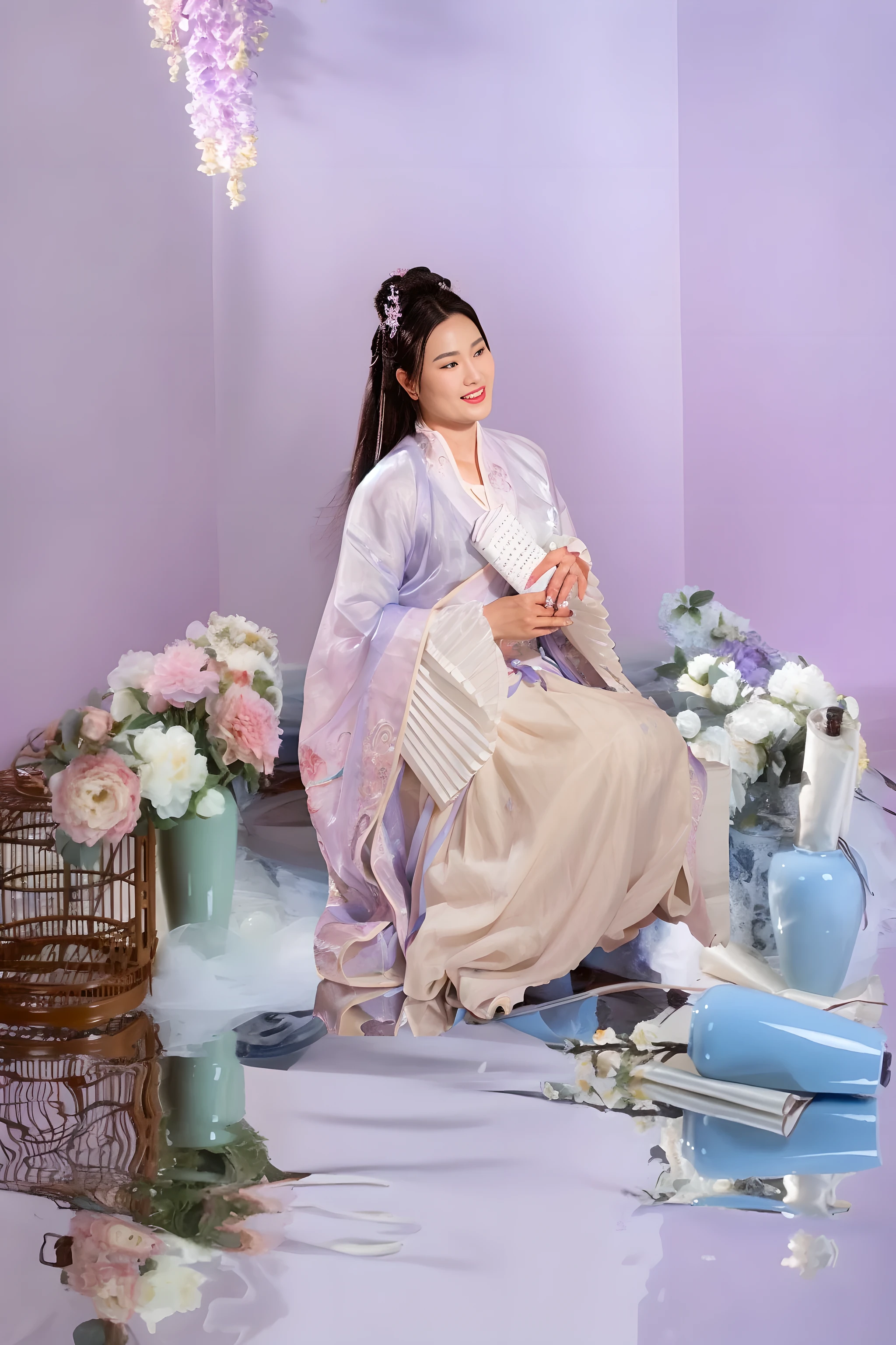 there is a woman sitting on a chair with a fan in her hand, palace , a girl in hanfu, with acient chinese clothes, white hanfu, wearing ancient chinese clothes, hanfu, traditional chinese clothing, inspired by Tang Yin, inspired by Zhang Yin, inspired by Qiu Ying, inspired by Huang Ji, style of guo hua