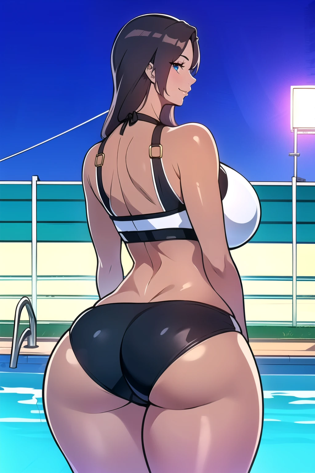 ultra realistic 8k cg, masterpiece, (( intricate detail, highly detailed, fine details best quality, hyperdetailed face)), gigantic breasts ,beautiful lighting, absurdres, BoaHancockV2,  1girl, solo, black hair, long hair, jewelry, closed mouth, ), (tight bikini, swimsuit, cleavage, bare shoulders, curvy, midriff, curvy, thighs, shiny clothes), blue eyes, (complex detailed background, outside, outdoor pool), ((cowboy shot)), curvy, (gigantic breasts: 1.1), seductive smile, cowboy shot, (tan skin :1.1) (tan face:1.1), curvy ass, big butt, bubble butt, from behind, back view