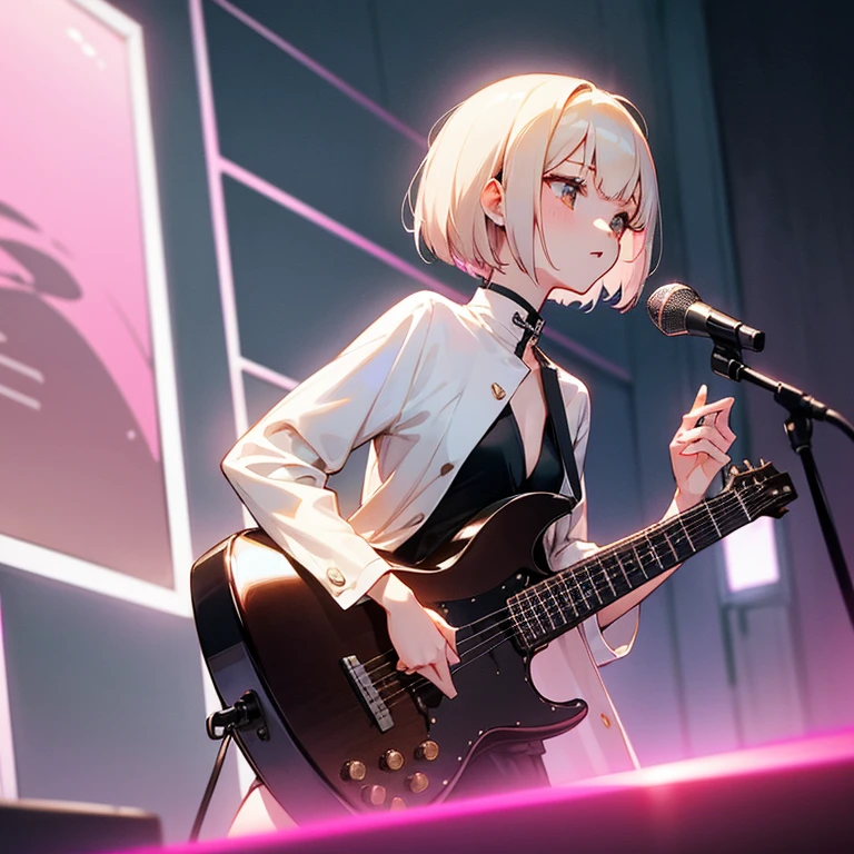 beautiful girl、Slender and delicate、small breasts、cool girl、live house、Live Scene、band vocalist、high layer cut、short bob、Cream-colored hair with a slight pink tint、Casual and boyish fashion、Oversized Fashion、