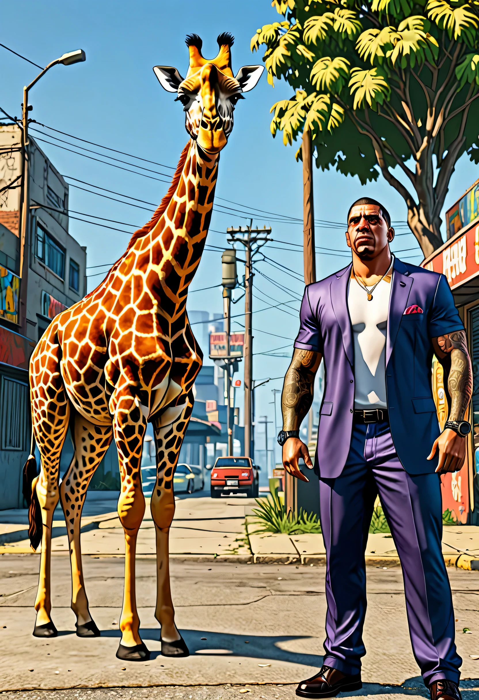 GTA art style,Benzino standing beside a giraffe, comic book style epic realistic, foto, desbotado, cores neutras, hdr, cores mudas, cena intrincada, artstation, detalhes intrincados, vinheta, detailed, detailed face, intricate, vivid colors