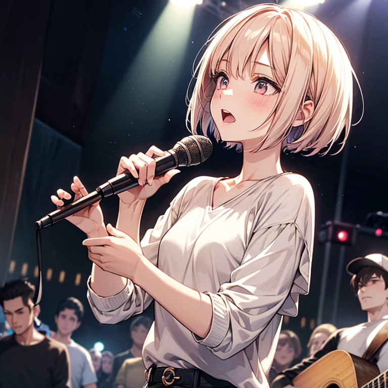 beautiful girl、cool、Man wins、cool、boyish、enthusiastic singing、Slender and delicate、small breasts、cool girl、live house、Live Scene、band vocalist、high layer cut、short bob、Cream-colored hair with a slight pink tint、casual fashion、boyishなファッション、Oversized Fashion、
