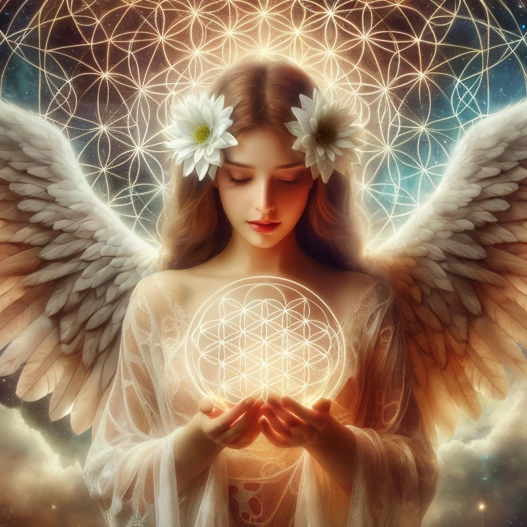 angel with Flower of Life and sacred symbols, ethereal Angelic being of light, glowing Angelic being, sacred feminine, Angelic light, infinite Angelic wings, of beautiful angel, beautiful angel, beautiful female angel, Angelic halo, Flower of Life, Angelic purity, Angelic Spirit Guide, Channeling mystical energy, Angelic, of an beautiful angel girl, Angelic girl with wings, Metatron